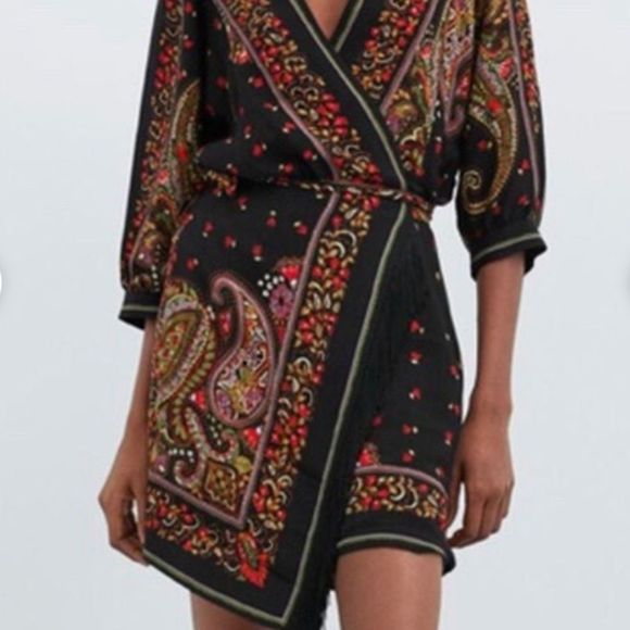 Zara Black and Red Paisley Wrap Dress - Picture 4 of 7